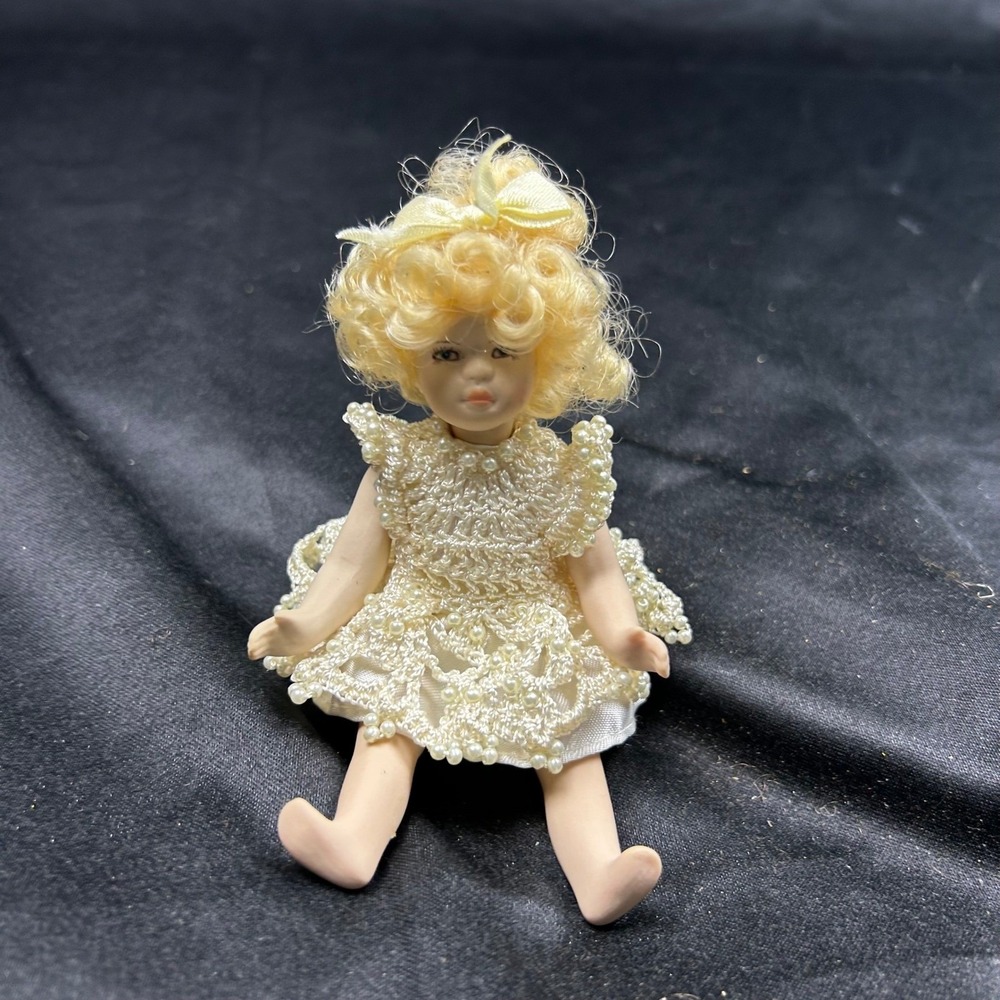 Vintage Miniature Porcelain Bisque Doll Blonde Hair Crochet Pearl Lace Dress